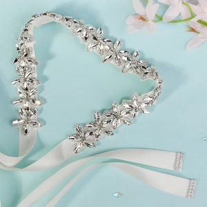 Elegant white satin wedding belt with sparkling silver rhinestones for bridal dress