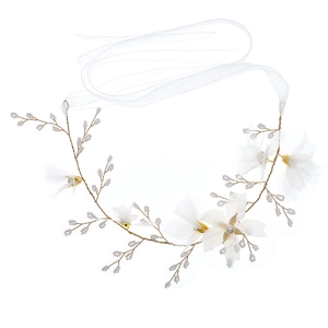 Handmade bridal headband with white chiffon flowers and pearls on gold wire for weddings