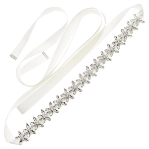 Elegant white satin bridal belt with sparkling marquise crystal flower rhinestones