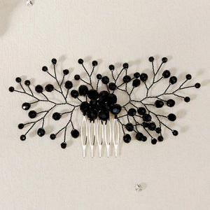 Elegant handmade bridal hair comb with black crystal beads and silver metal base for parties