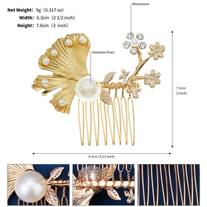 Detail view of handmade gold ginkgo leaf hair comb with pearls and rhinestones