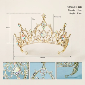 Detail view of colorful rhinestone crown showing dimensions 13cm diameter and 121g weight