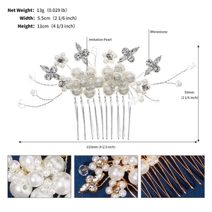 Detail showing dimensions of bridal hair comb with pearls, rhinestones, and silver wire