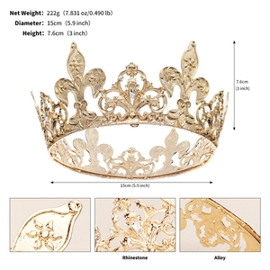 Detailed view of luxury gold rhinestone crown with dimensions 15cm diameter and 7.6cm height