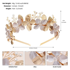 Detail view showing gold alloy leaves, white pearls, and crystals with size dimensions