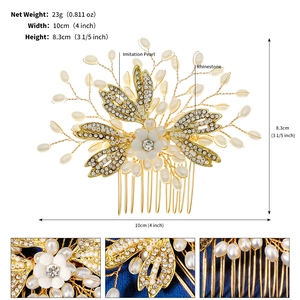 Detailed view of handmade golden bridal hair comb with pearls and rhinestones