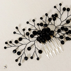 Handmade bridal hair comb with black faceted crystals and silver teeth for weddings