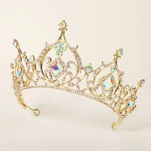 Detailed view of luxury gold alloy crown with colorful AB rhinestones and secure end loops