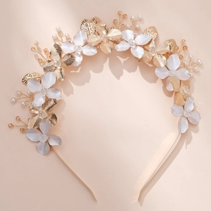Handmade bridal headband with silver flowers and gold leaves for wedding parties
