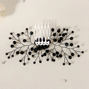 Handmade bridal hair comb with black crystal beads and silver metal pins for wedding