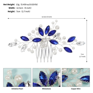 Détails du peigne à cheveux de mariée avec strass bleu roi et dents en métal argenté
