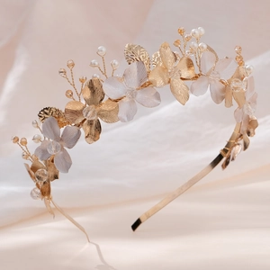 Handmade bridal headband with gold alloy flowers, pearls and crystals for wedding party