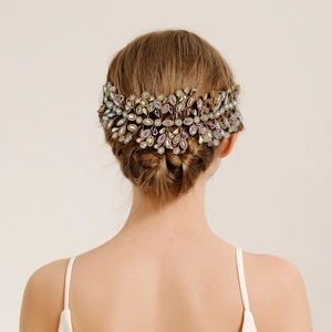 Elegant bridal crystal headband with AB rhinestones shown on a model hairstyle