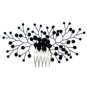 Handmade bridal hair comb with black crystal beads and silver metal teeth for weddings