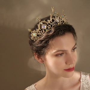Luxury Baroque Gold Alloy Crown With AB Rhinestones For Women Girls Wedding Pageant Prom Bridal Tiara Headpiece