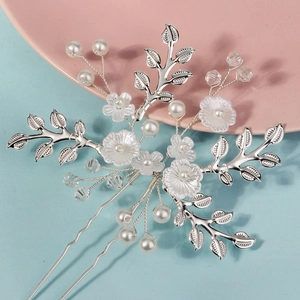 Exquisite bridal floral hairpin with white pearls and frosted petals on silver base