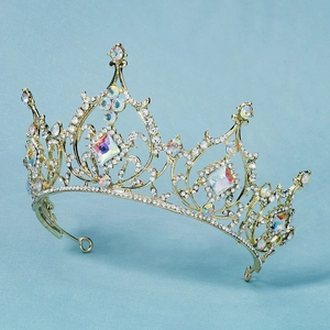 Luxurious golden tiara with colorful gemstones and white crystals for girls