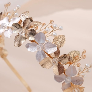 Elegant gold flower bridal headband with handmade pearls and vintage metal floral details