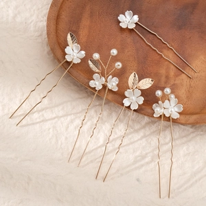 Retro bridal gold flower hair pin set with white crystal pearls and leaf details