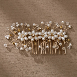 Handmade Gold Bridal Hair Comb With Rhinestone Crystal Artificial Pearl Flower Wedding Banquet Headpiece Women Hair Accessories