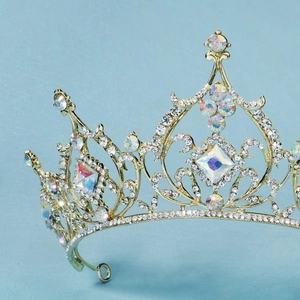 Luxurious gold crown for girls with colorful AB rhinestones and hollow floral patterns