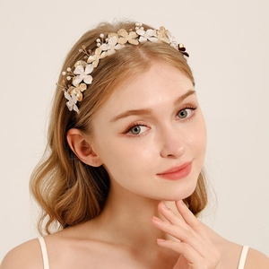 Handmade Bridal Headband Alloy Gold Leaf White Flower Artificial Pearl Crystal Headpiece For Wedding Party Prom Women Hair Accessories