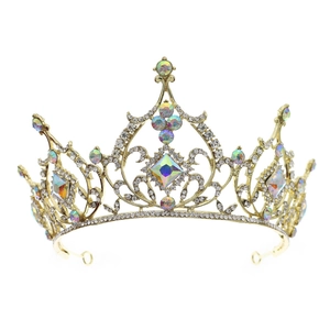 Luxurious gold alloy tiara featuring colorful AB rhinestones and white crystals for girls