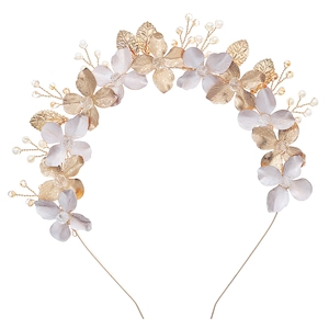 Handmade bridal headband with gold floral leaves and pearls for wedding parties