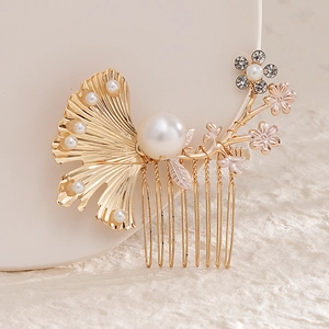 Exquisite gold ginkgo leaf hair comb with pearls and rhinestones for bridal styling