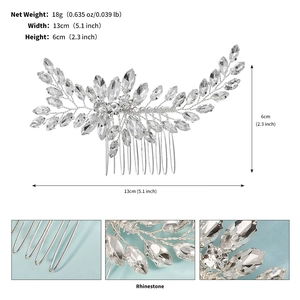 Detailed view of silver bridal hair comb with marquise rhinestones measuring 13cm wide
