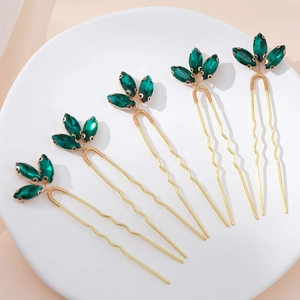 Retro bridal hair pin set with emerald green crystals and golden U-shaped metal pins