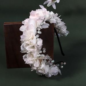 Pink and white fabric flower headband with crystal beads for weddings and parties