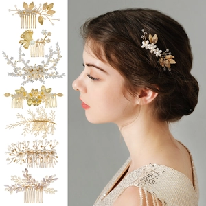 Handmade Gold Leaf Artificial Pearl Hair Comb Luxury Rhinestone Floral Bridal Headpiece For Wedding Prom Party Women Vintage Jewelry
