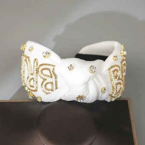 Französisches Vintage Haarreifen aus weißem Stoff mit goldenen Perlen und Kristallen