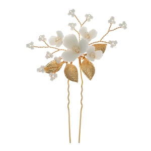 Épingle à cheveux fleur blanche faite main avec feuilles dorées et cristaux pour mariage