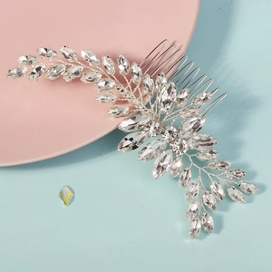 Elegant bridal hair comb with marquise crystal rhinestones and silver leaves for weddings