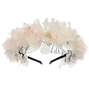 Exquisite handmade floral headband with white fabric blossoms and beaded details