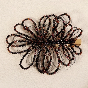 Handmade black crystal flower hair clip with rainbow beads on golden metal duckbill clip