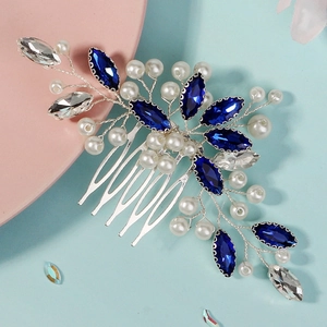 Peigne à cheveux de mariée avec fil argenté, perles blanches et strass bleu foncé