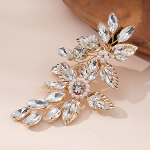 Elegant bridal hair clip with gold alloy leaves and marquise crystal flowers and pearls