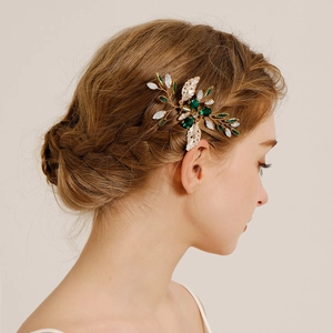 Peigne à Cheveux Mariage Vintage Fait à la Main Feuille d'Or Alliage Strass Vert Fleur Accessoires de Cheveux Mariée Femme