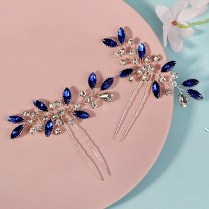 Épingles à cheveux de mariée en argent avec cristaux bleu marine et zircons, lot de 2