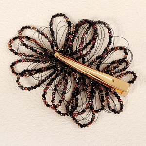 Exquisite floral beaded hair clip with black faceted crystals and golden alligator clip