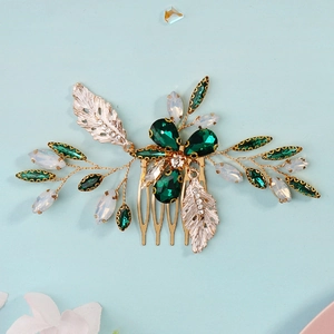 Peigne à cheveux de mariée avec cristaux verts et feuilles dorées pour coiffure mariage