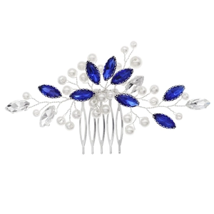 Peigne à cheveux de mariée argenté avec strass marquise bleus et perles blanches