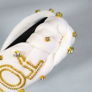 Französisches Vintage-Haarband aus weißem Satin mit Perlenstickerei und Strassbesatz