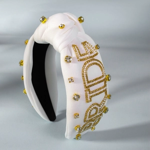 Französisches Vintage-Haarband aus weißem Satin mit goldener BRIDE-Stickerei und Kristallen