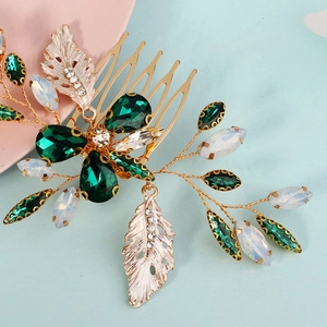 Peigne à cheveux de mariée vintage en or avec cristaux verts et feuilles en strass