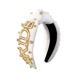 Eleganter weißer Brauthaarreif mit BRIDE-Goldperlenstickerei und glänzenden Strasssteinen