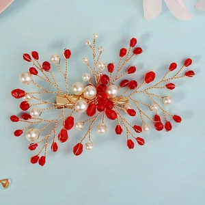 Fermaglio per capelli da sposa fatto a mano con cristalli rossi e perle per matrimoni